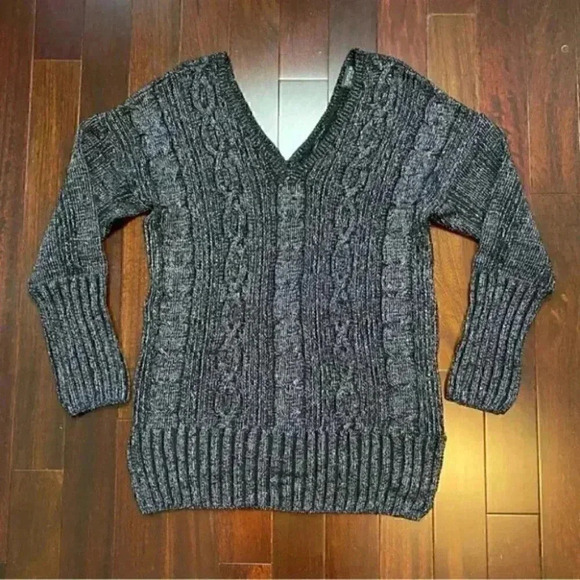 Topshop Oversized Sweater Cable Knit V Neck Tunic Black Silver Metallic Small 4 - Picture 12 of 15